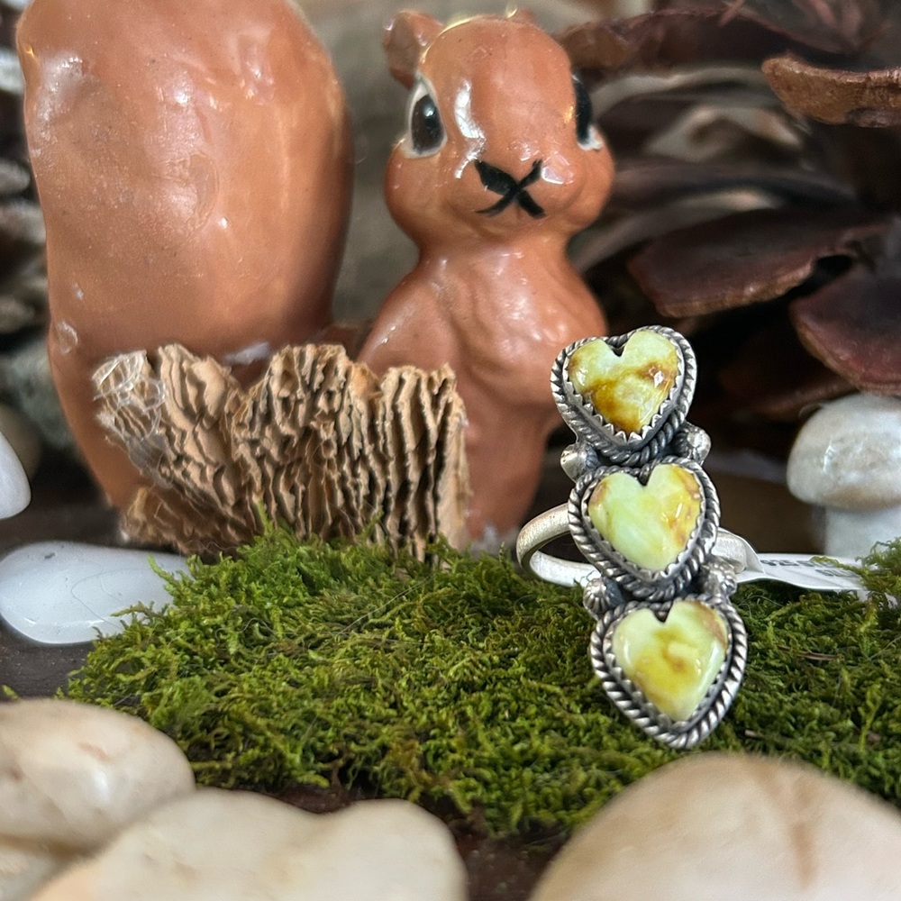 925 Sterling triple palomino turquoise hearts ring